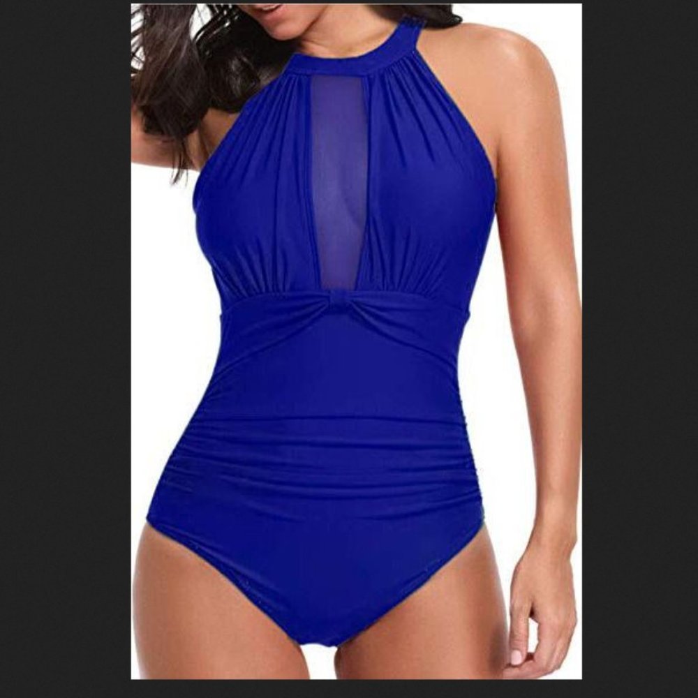 Holipick High Neck Plunge Mesh Ruched Swimsuit